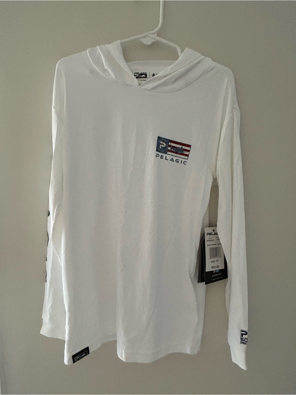 Pelagic White Long-Sleeve Hooded Kids Shirt with Flag Logo